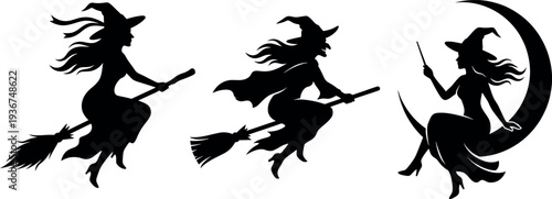 Collection of Witch Silhouettes Flying on Broomstick and Sitting on Crescent Moon for Halloween Decorations Spooky Magic Fantasy Occult and Mystical Vector Art