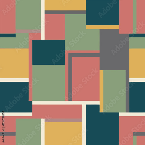Geometric shapes in a harmonious composition, featuring squares and rectangles in various muted colors, arranged in a symmetrical pattern from a frontal viewpoint.