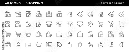 Shopping icon collection. Purchase, retail, discount, cart, box delivery, shopping bag, coupon and more. Editable stroke. Pixel Perfect. Grid base 32 x 32.