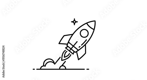 Dynamic Rocket Launch Line Icon, Star-Trail Spacecraft Outline Symbol, Breakthrough Innovation and Startup Success Pictogram on Isolated White Background.
