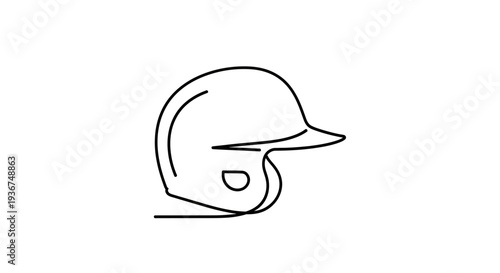 Simple line art illustration of a baseball batting helmet with an ear flap, depicted in profile view on a white background.