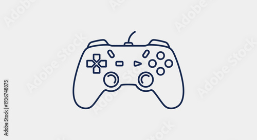 Minimalist outline illustration of a wired video game controller, depicting a classic gamepad design with joysticks, buttons, and a D-pad on a light background.