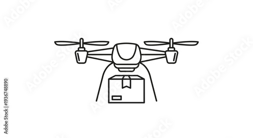 Line art illustration of a delivery drone carrying a package, symbolizing modern logistics and automated shipping.
