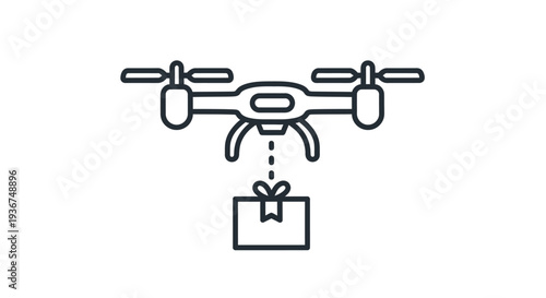 Line art icon of a drone delivering a package, symbolizing modern logistics and automated delivery services.