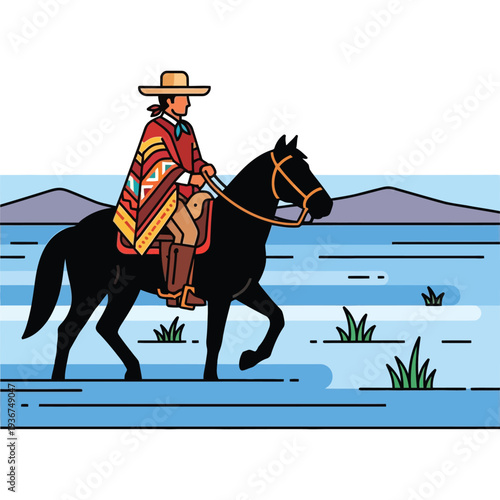 Gaucho riding a horse across a vast plain with mountains in the background under a clear sky