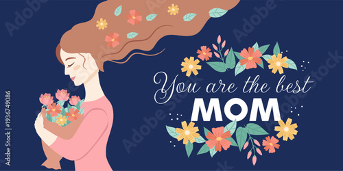 Elegant Mother’s Day Banner with Woman Holding Flowers, Floral Composition on Dark Blue Background, Modern Feminine Vector Illustration