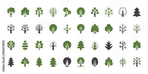 A collection of 36 minimalist tree icons in various styles and shades of green and black