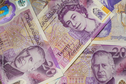 British 20 Pound Notes with Charles III and Elizabeth II