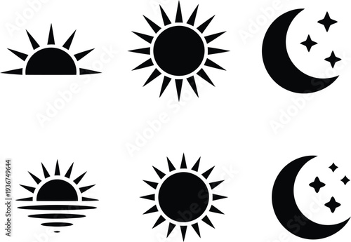 A collection of six celestial body icons in black and white