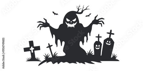 Spooky Halloween Ghost in Graveyard Silhouette Vector - Scary Cemetery Scene with Bats and Tombstones