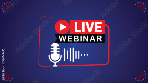 Live Webinar Broadcast With Microphone And Audio Waveform On Blue Background