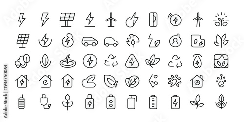 A collection of minimalist icons representing eco-friendly concepts and sustainable living for environmental awareness and education