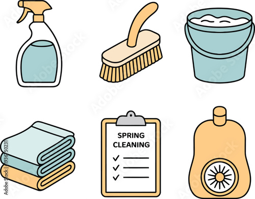 Spring cleaning icons including spray bottle and bucket