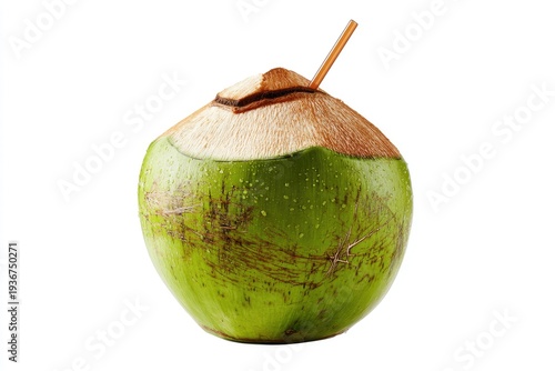 Fresh coconut drink with a straw, ready to sip
