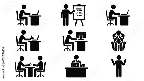 A set of 9 minimalist black and white icons depicting office workers engaged in various tasks and collaborative activities