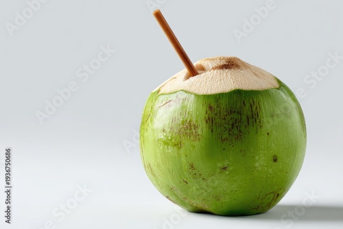 Fresh, green, round tropical fruit with a brown straw, on a white backdrop