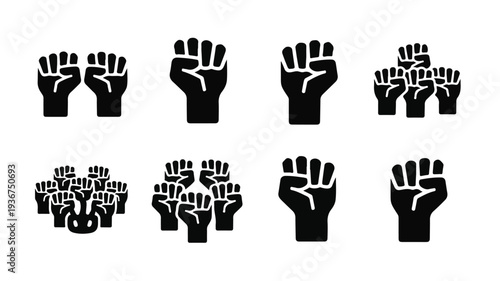 A set of 8 minimalist black and white hand icons with varying finger designs depicted from a direct viewpoint