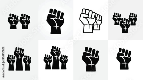 A collection of black and white protest fists illustrations showcasing various hand gestures and solidarity symbols