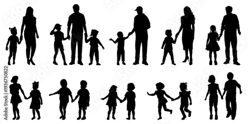 Family silhouettes. Father, mother and children holding hands. Vector illustration	
