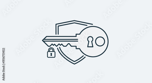 Digital Security Concept with Key and Shield Icon, Isolated White Background, Line Art
