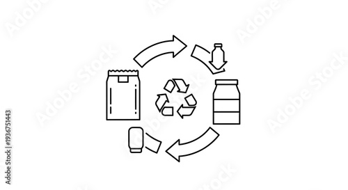 Recycling Symbol with Diverse Products Icon, Waste Management and Material Reusing Graphic, Eco-Friendly Consumer Goods Isolated White Background