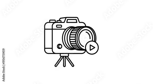 DSLR Camera on Tripod with Play Button Overlay Icon, Video Production and Filming Equipment Symbol, Professional Videography Graphic Isolated White Background