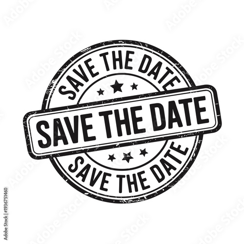 A vintage style save the date stamp with a circular and rectangular design