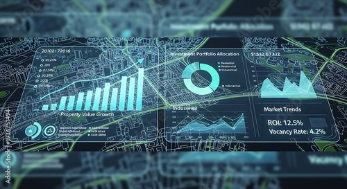 Digital interface visualizes comprehensive real estate market trends, property value growth, and investment portfolio data overlaid on a modern smart city map.