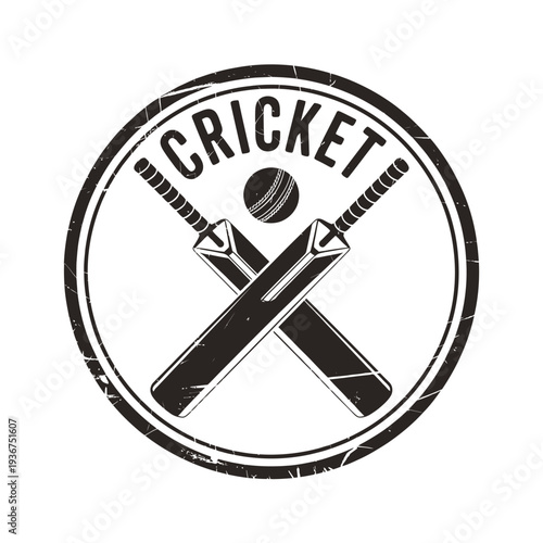 Vintage circular emblem featuring cricket bats and ball grunge style design