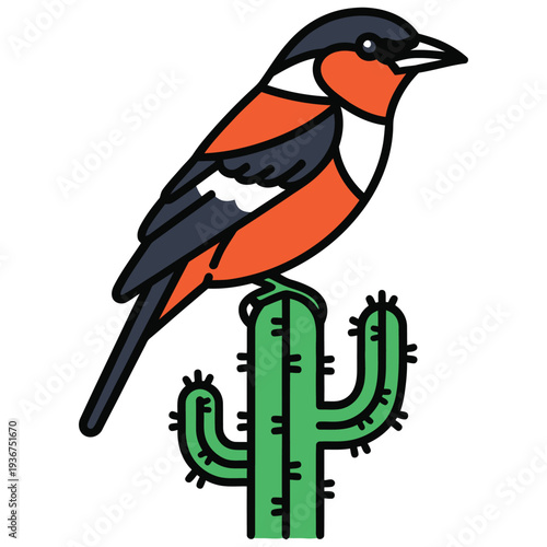 Small colorful bird perched on green cactus in desert, nature illustration