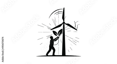 Person tending to a wind turbine with growing leaves, symbolizing renewable energy and environmental care.