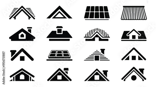 A collection of 16 black and white roof icons featuring various architectural designs and styles