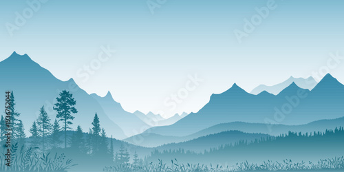 Mountain landscape with forest, morning haze, vector illustration