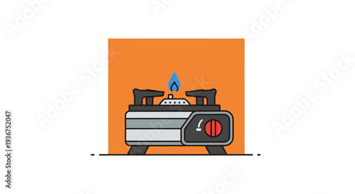 Modern portable gas stove with blue flame on orange background