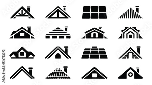 A set of 15 minimalist black and white house roof icons featuring various architectural styles and elements in a grid layout