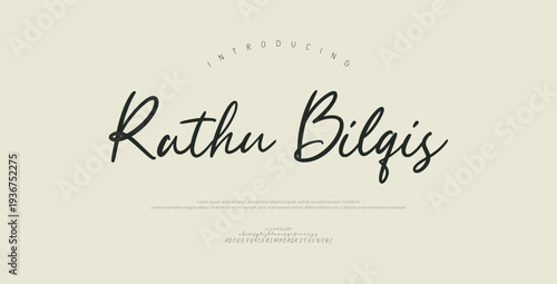 Rathu Bilqis, Script premium luxury elegant alphabet letters and numbers. Elegant wedding typography classic serif font decorative vintage retro. Creative vector illustration
