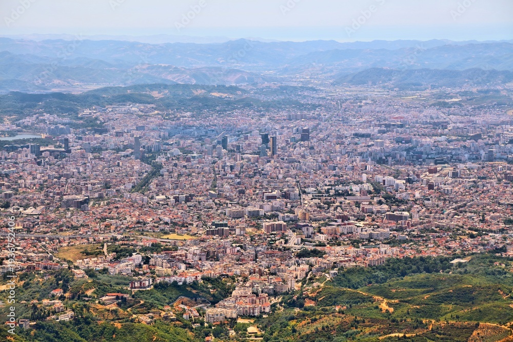 Naklejka premium Cityscape of Tirana, Albania. City remote aerial view.