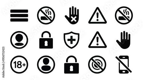 A collection of safety and warning icons displayed in a grid layout on a clean white background.