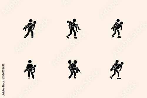 Sequence of six black silhouette figures in various walking postures, armed forces day