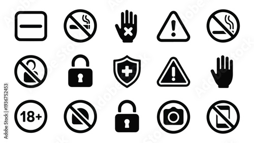 Collection of black and white safety icons, including warning signs and prohibited actions, displayed on a simple background