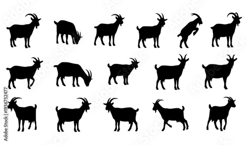 Farm goat silhouette icon set with multiple poses for agriculture ranch and livestock design
