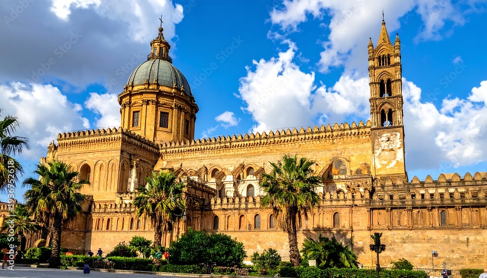 Fototapeta premium Grand historical building, adorned with domes and intricate detailing. Towering architecture under a vibrant blue sky with fluffy clouds. Palm trees frame the structure