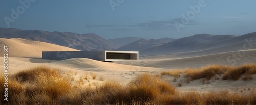 Panel kuchenny z motywem Sleek desert structure hugs the sand like a chameleon in a golden sea