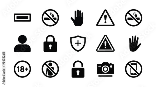 Collection of black and white safety icons depicting various warning signs and symbols for prohibited actions and safety precautions on a transparent background.