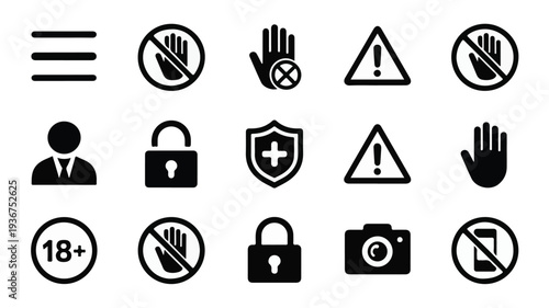 Collection of black and white minimalist icons representing security warnings and restrictions in a grid layout