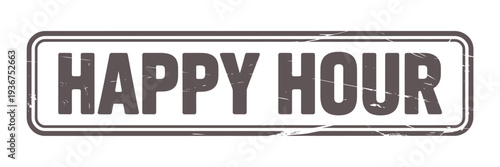 A distressed rectangular stamp displaying the text happy hour in bold