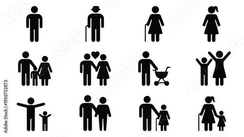A set of twelve black stick figures representing various family relationships and life stages in a simple illustration