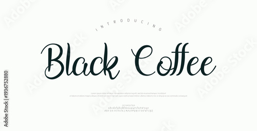 Black Coffe, Elegant script alphabet letters font and number. Classic Lettering Minimal Fashion Designs. Typography modern serif fonts regular decorative vintage concept. vector illustration
