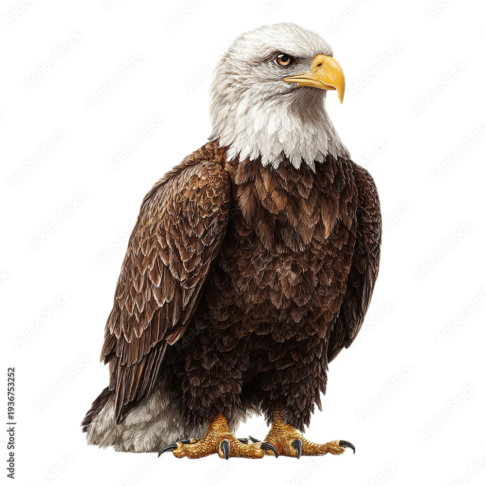 Obraz premium Bald Eagle in Majestic Pose with Detailed Feathers in Sharp Focus on Isolated White Background for Wildlife Conservation