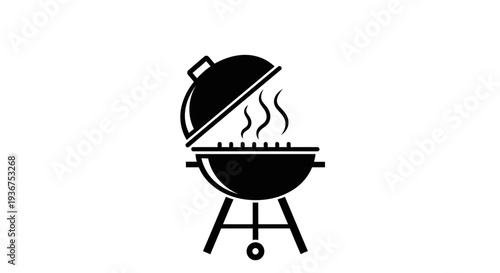 Barbecue Grill with Smoke Outline Icon, Outdoor Cooking and Grilling Symbol, Summer BBQ Equipment Graphic Isolated White Background